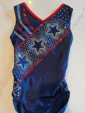 Ozone Gymnastics Navy Stars and Stripes Rhinestone Sequin Competition Leotard AM